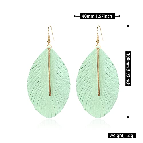 GBAHFY Feather Leather Layered Fringe Earrings for Women Boho Genuine Lightweight Leather Leaf Tassel Dangle Statement Earrings with Metal Bar - color: Light Green