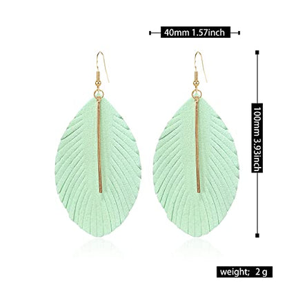 GBAHFY Feather Leather Layered Fringe Earrings for Women Boho Genuine Lightweight Leather Leaf Tassel Dangle Statement Earrings with Metal Bar - color: Light Green