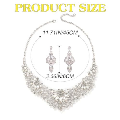 Yonamix Gold Jewelry Set Wedding Rhinestone Necklace Sets for Women | Formal Prom Dinner Party Gala Night Crystal Flower Necklaces Earrings - color: B Silver