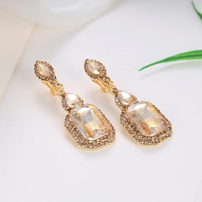 Women's Wedding Bridal Crystal Emerald Cut Infinity Figure 8 Chandelier Clip-On Dangle Earrings - color: Champagne Gold-Tone