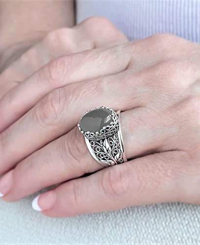 Filigranist 925 Sterling Silver Filigree Art Lace Embroidery Tulip Detailed Gemstone Women Cocktail Ring, Luxurious Gift Boxed - color: Gray Moonstone