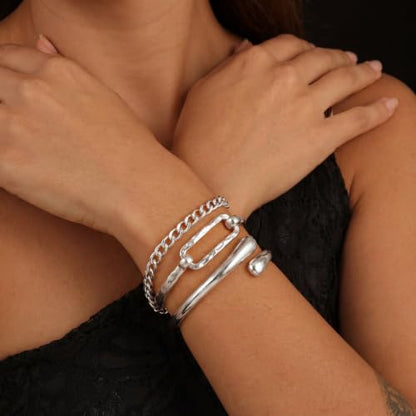 Moodear Chunky Gold Bangle Bracelets for Women, 14K Gold Plated/Silver Cuff | Chunky Statement Jewelry with Hammered Texture, Non Tarnish Gold Plated Finish, Unique Cuff Design, Lightweight Comfort - style: Silver 18.5cm （≈7IN）Paperclip
