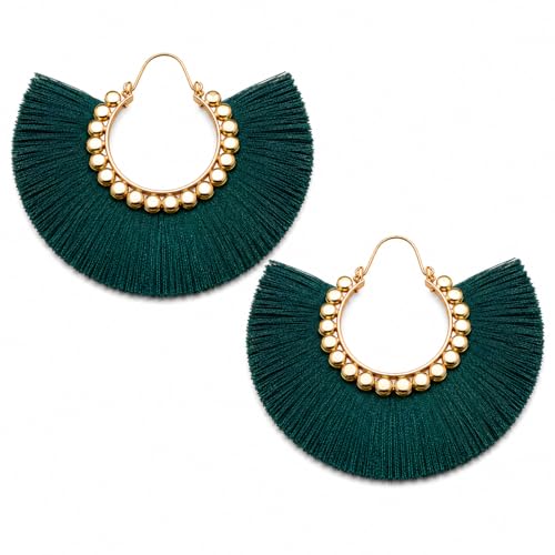 Tassel Hoop Earring Statement Thread Dangle Earrings Stylish Long Fringe Drop Earrings Lightweight Long Swingy French Hook Earrings for Women - color: C Dark Green