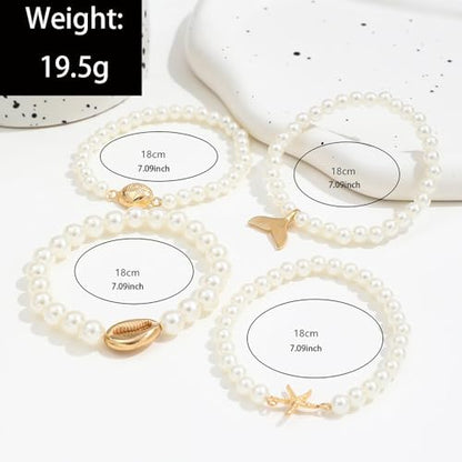 Pearl Bracelets for Women Simulated Pearl Beaded Bracelet White Pearls Stackable Stretch Bracelet Set Multilayered Elastic Pearls Bracelets for Women Bridesmaid Bridal Jewelry - color: gold starfish