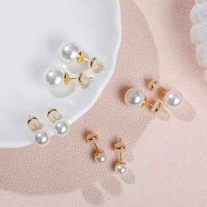 Shell Pearl Stud Earrings for Women, 925 Sterling Silver Posts | 18K Gold Plated, Round White Simulated Pearl Earrings for Sensitive Ears, Hypoallergenic Minimalist Jewelry - size: 12mm