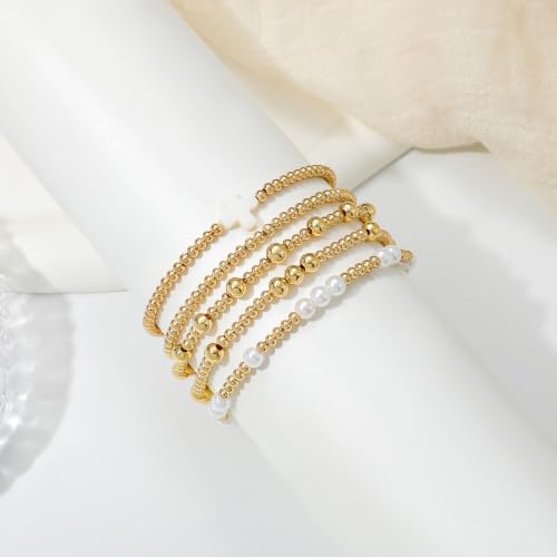 Dainty Gold Plated Pearl Crystal Beaded Bracelets Set for Women 14K Gold Plated Bead Pearl Beads Bracelet Stackable Paperclip Link Chain Bracelets Gold Plated Bracelets for Women Trendy Jewelry - color: Style4-gold bracelets set1