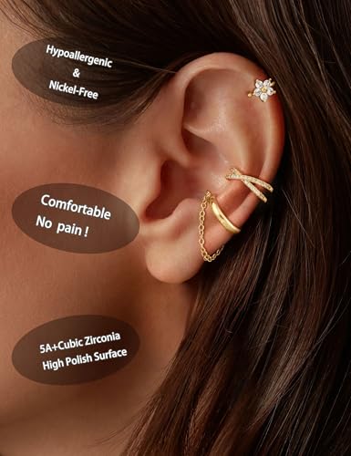 Carffordo 3Pcs Ear Cuffs Non Piercing for Women, Dainty Clip on Earrings | Trendy 14K Gold Plated Ear Cuff with Cubic Zirconia, Fake Piercing Cartilage Earrings, Lightweight Jewelry for Daily Wear - color: 3pcs-chain