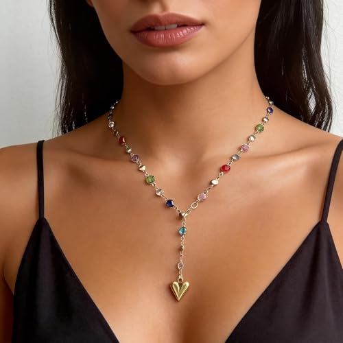 Long Heart Pendant Necklace Colorful Rhinestone Y Necklace Heart Lariat Jewelry Multicolor Party Outfit Accessory - color: A1:lariat necklace