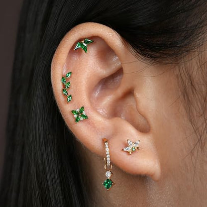 FINE4U 16G CZ Cluster Climber Cartilage Earring for Helix, Tragus - ASTM F136 Titanium Triple Marquise Labret Stud, Screw on Nickel Free Flat Back Jewelry - color: Five Marquise - Green CZ - Gold