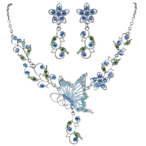 EleQueen Women's Crystal Butterfly Flower Leaf Necklace Earrings Set | Crystal Jewelry Set for Brides Bridesmaids, Necklace Set for Party - color: Sapphire