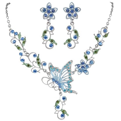 EleQueen Women's Crystal Butterfly Flower Leaf Necklace Earrings Set | Crystal Jewelry Set for Brides Bridesmaids, Necklace Set for Party - color: Sapphire