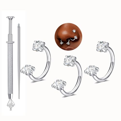 QWALIT 18g 20g Nose Stud 18g Surgical Stainless Steel Silver Gold Horseshoe Nose Ring for Women Hypoallergenic Double Stud Gem 18gauge Corkscrew Nostril Piercing Jewelry for Men Trendy - color: D2-double stud -silver -20g 7mm