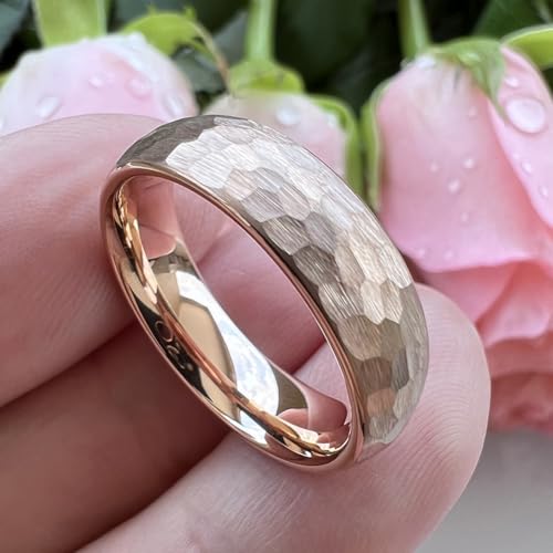TUTISS 6mm 8mm Silver/Black/Gold/Rose Gold Hammered Tungsten Rings for Men Women Couple Fashion Jewelry Engagement Wedding Bands Domed Matte Finish Comfort Fit - color: 6mm Rose Gold I Love You Engraved