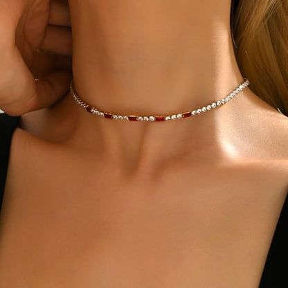Tennis Necklaces for Women 18K Gold Plated White Red Green Blue Cubic Zirconia Necklaces Dainty Rhinestone Choker Necklaces Trendy Faux Diamond Tennis Chain 3mm - color: Red Tennis Choker-Gold
