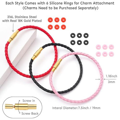 SEEDRILL Red Bracelets for Women Adjustable Charm Bracelet Braided Leather & 316L Stainless Steel with 18k Gold Plated Lucky Bracelets for Women, Red Pink Black String Bracelet Gifts for Women - color: Black