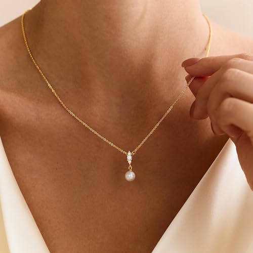 Pearl Necklaces for Women,Dainty Gold Pendant Necklaces Waterproof Jewelry | 14K Gold Plated Pearl Necklaces,Dainty Elegant Wedding Necklace,Small Cute Adjustable Minimalist Necklace,Non Tarnish Jewelry - color: GOLD-16