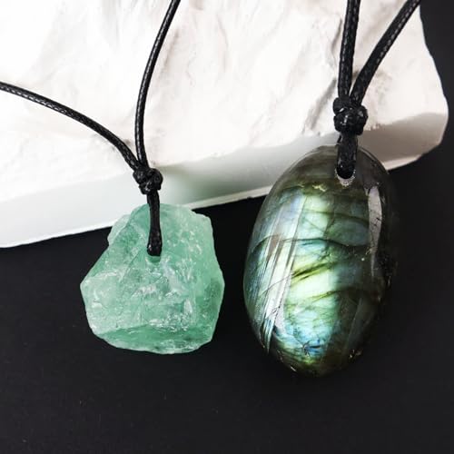 Natural Raw Crystal Necklace for Women Irregular Stone Necklaces Spiritual Gemstone Pendant with Adjustable Rope - color: E-Labradorite+Green Fluorite
