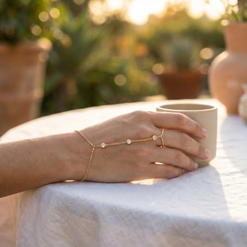 Hand Chain Bracelet Ring Set,4PCS 18K Gold Plated Stack Bracelets, Adjustable Trendy Dainty Ring Bracelet, Beach Theme, Women