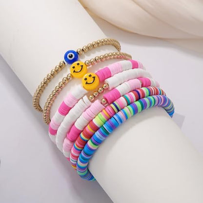 Friendship Bracelets for Women - Heishi Surfer Colorful Smile Evil Eye Clay Beaded Stretch Bracelets Elastic Layering - Stackable Boho Disc Y2K Aesthetic Summer Jewelry Set. - color: A-Evil Eye-7pc