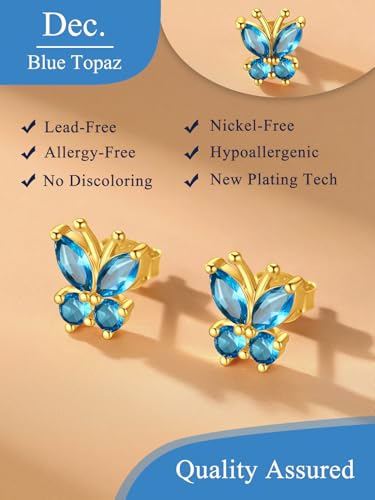 Suplight Butterfly Stud Earrings 925 Sterling Silver 14K Gold Brithstone Earrings for Women Brithstone Jewelry Gifts - color: 12.December (Blue Topaz), size: Gold