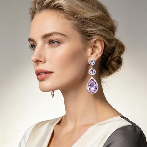YINLI Elegant Wedding Bridal Crystal Tear Drop Dangle Earrings for Women - color: Purple,Silver