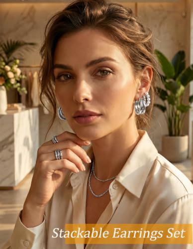 YEEZII 56 Pcs Gold Jewelry Set for Women with 5Pcs Layered Necklace, 5Pcs Layered Necklace, 12 Bracelets, 4 Hoop Earrings, 8 Stackable Rings, 10 hairpins, 12 Studs Earrings Jewerly set for Women - color: SilverB