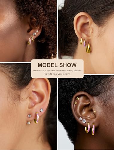 5 Pairs Huggie Hoop Earrings, Cubic Zirconia 14K Gold-Plated 316L Surgical Steel, Hypoallergenic Lightweight Design for Women & Men Cartilage & Multi-Piercing Stacking(13-21mm) - color: F+gold+Pink