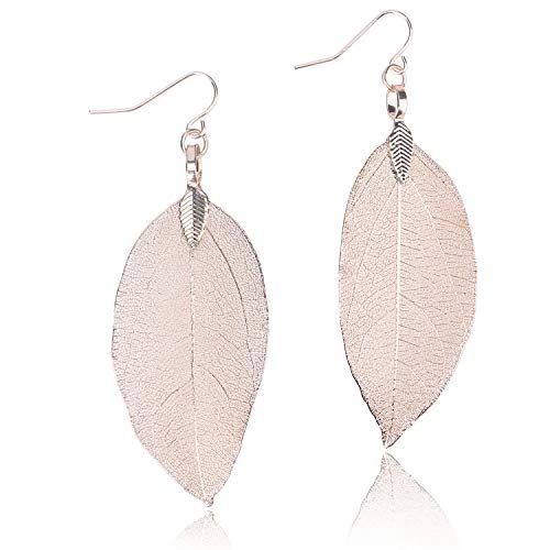 Filigree Long Leaf Pendant Dangle Necklace and Earring Jewelry Set | Beautiful Fashion Delicate Long Leaf Necklace Earrings For Women Trendy Boho - color: K-Rose Gold Earrings