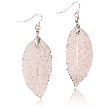 Filigree Long Leaf Pendant Dangle Necklace and Earring Jewelry Set | Beautiful Fashion Delicate Long Leaf Necklace Earrings For Women Trendy Boho - color: K-Rose Gold Earrings