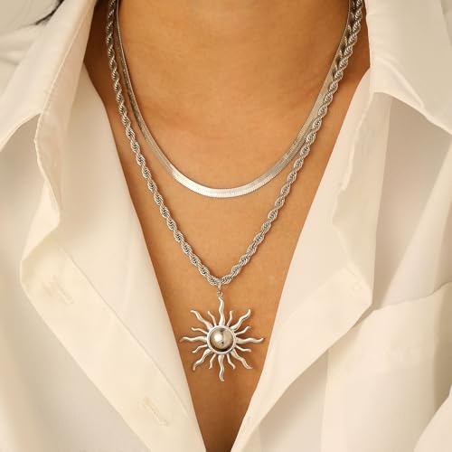 Sun Necklace for Women 14K Gold Silver Plated Layered Charm Necklace Double Chain Charm Pendant Necklaces Trendy Daily Wear Statement Jewelry Gift - color: Silver