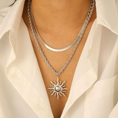 Sun Necklace for Women 14K Gold Silver Plated Layered Charm Necklace Double Chain Charm Pendant Necklaces Trendy Daily Wear Statement Jewelry Gift - color: Silver