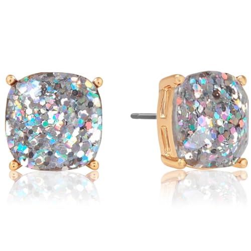 Large Square Stud Earrings for Women - Big Sparkly Rhinestone Studs | Plated in Gold Tone or Silver Tone, Hypoallergenic and Safe for Sensitive Ears - color: Iridescent Glitter