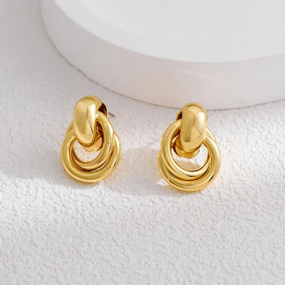 Gold Geometric Drop Dangle Earrings for Women Chunky Trendy Knot Stud Small Twisted Link Earring Jewelry Gift - color: B-Small Flower-Gold