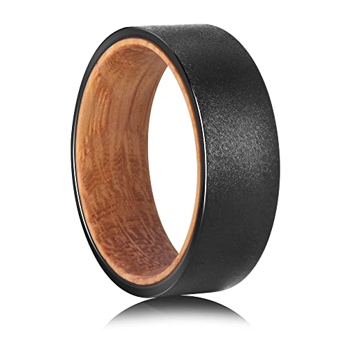 Tungsten Rings for Men Womens 8mm Black Silver Fashion Promise Wedding Band Carbide Inner Hole Inlaid Whiskey Barrel Wood Chamfer Frosted Matte Finish Edge Comfort Fit size 7-12 - color: black Barrel wood matte