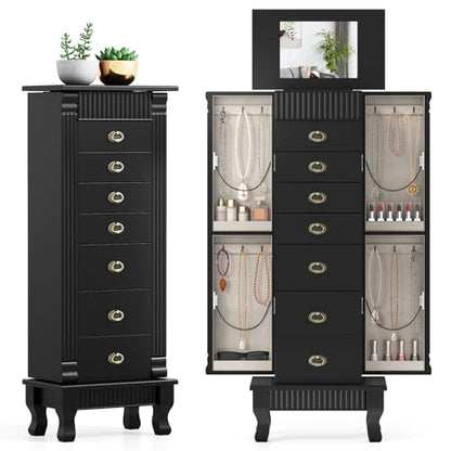 Giantex Standing Jewelry Cabinet with 7 Drawers, Flip-Top Mirror, 2 Side Doors with 12 Necklace Hooks, Divided Ring Compartments, Velvet-Lined Jewelry Armoire Organizer Chest (Black) - color: Black