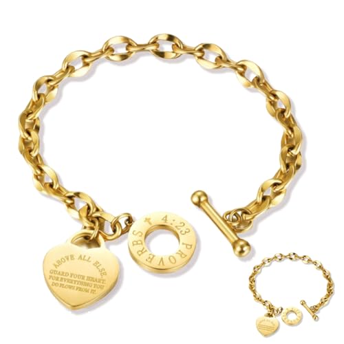 Heart Charm Bracelet Plated 18K Gold/Silver/Rose Gold Bible Scripture Heart Bracelet for Women Jewelry Gift Zircon Her Link Chain OT Clasp Stainless Steel Birthday - color: 18k Gold, size: 7.1 inch