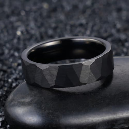 2/4/6/8mm Black/silver/gold Tungsten Rings for Men Womens Couple Fashion Jewelry Promise Engagement Wedding Band Hammered Inner ring inlaid with olive wood Carbide Polished Edge Comfort Fit - color: 6MM black
