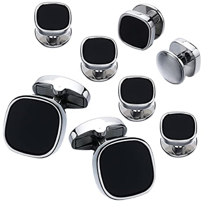 HAWSON Cufflinks and Studs for Men-Black Stone Mens Fashion Gun-Black Cufflinks and Tuxedo Shirt Studs Set for Regular Weeding Business Accessories - color: Silver+Black