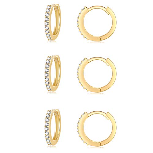 Silver Hoop Earrings for Women, 3 Pairs Small Sterling Silver Huggie Earrings | Tiny Cubic Zirconia Cartilage Cuff Earrings Hoop Piercing Jewellery for Men Teens (8mm/10mm/12mm) - color: 3 Pairs(8mm*3)-Gold