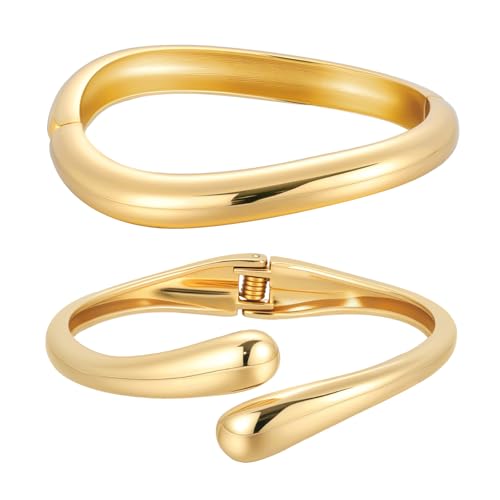 Emibele Gold Bangles for Women, 2PCS Irregular Chunky Gold Bracelet Hinged Open Bangle Bracelets for Women, Fashion Wide Arm Cuff Minimalist Chunky Jewelry Gifts for Valentine Christmas Birthday - style: M Gold