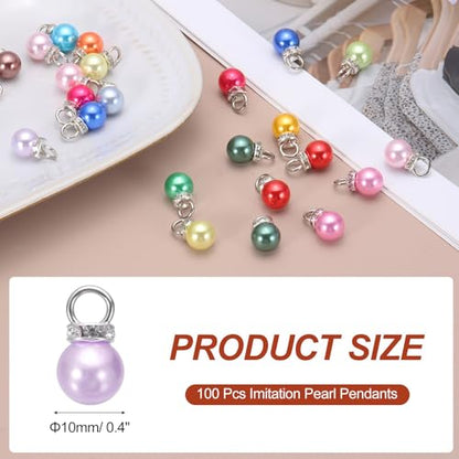 MECCANIXITY 100Pcs Imitation Pearl Pendant 10mm Faux Pearl Beads with Rhinestone for Dangle Jewelry Making Earrings Necklace Bracelets Crafts, Purple - color: Purple