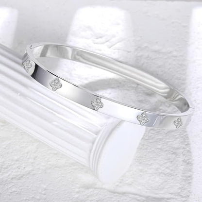 14K Gold Plated Four Leaf Clover Bangle Bracelet | Stainless Steel Lucky Love Cuff with Cubic Zirconia, Hypoallergenic Jewelry Gift for Women - color: Clover Silver-Small