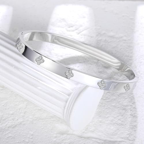 14K Gold Plated Four Leaf Clover Bangle Bracelet | Stainless Steel Lucky Love Cuff with Cubic Zirconia, Hypoallergenic Jewelry Gift for Women - color: Clover Silver-Medium