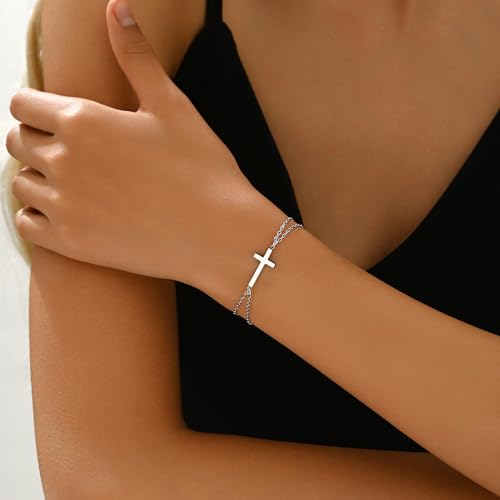 18K Gold Plated Pearl Beaded Cross Bracelets for Women Adjustable Stainless Steel Dainty Thin Gold Box Cuban Twisted Link Chain Bracelet Bridesmaid Jewelry Gifts - color: Double O Cross-White Gold