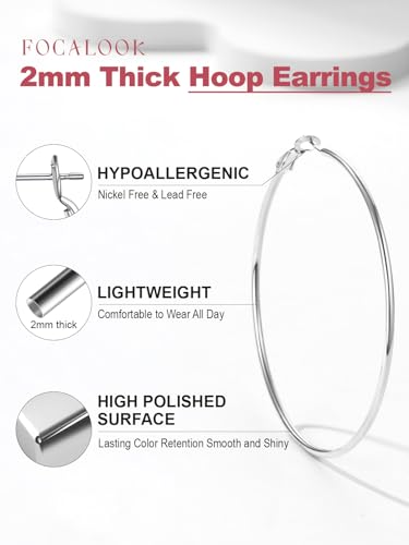 FOCALOOK 14K Gold Plated Lightweight Large Hoops| 2mm Thin Hoop Earrings for Women 30/40/50/70/100mm - color: 01.Silver, size: 70mm