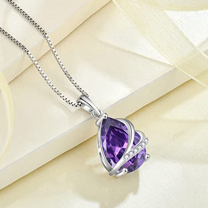 Birthstone Pendant Necklace 925 Sterling Silver Teardrop Jewelry for Women - color: Purple