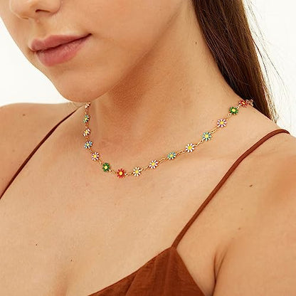 MTMY Beaded Necklaces for Women 14K Gold Plated Dainty Colorful Green/Rose Beaded Pearl Choker Necklace Delicate Boho Choker Necklace Jewelry Gift - style: Colorful daisies