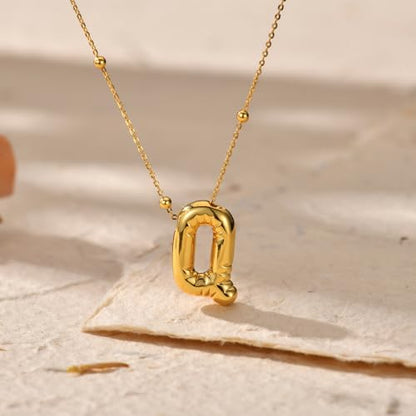 LUCA SMITH 2-Piece Initial Necklaces for Women, Dainty Balloon Bubble A-Z Letter Necklace Set, Name Letter Alphabet Pendant Layered Choker Necklaces Personalized Jewelry Gift - color: Gold bubble letter necklace, style: Initial Set-Q