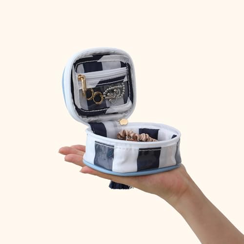 Travel Jewelry Case, White and Navy | Clear Coated, Stripe, Tassels, Mini Storage Box for Ring,Necklace,Bracelet,Gift - color: White+Navy