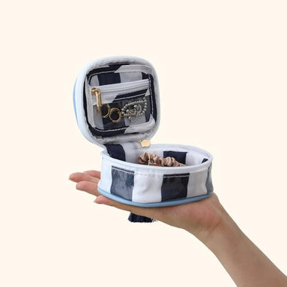 Travel Jewelry Case, White and Navy | Clear Coated, Stripe, Tassels, Mini Storage Box for Ring,Necklace,Bracelet,Gift - color: White+Navy